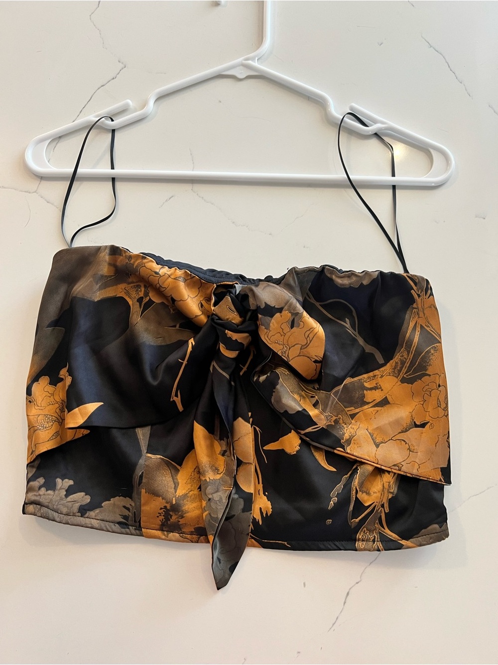 Aakaa Black and Mustard Floral Tie-Front Crop Top